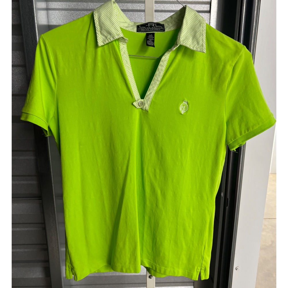 Lauren Active Ralph Lauren Lime Green Striped Collar Polo Shirt Large
